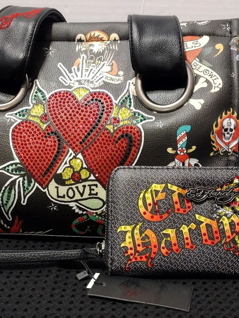 Ed Hardy Black 'Love Hearts' Dome Satchel and Wallet Set L-12